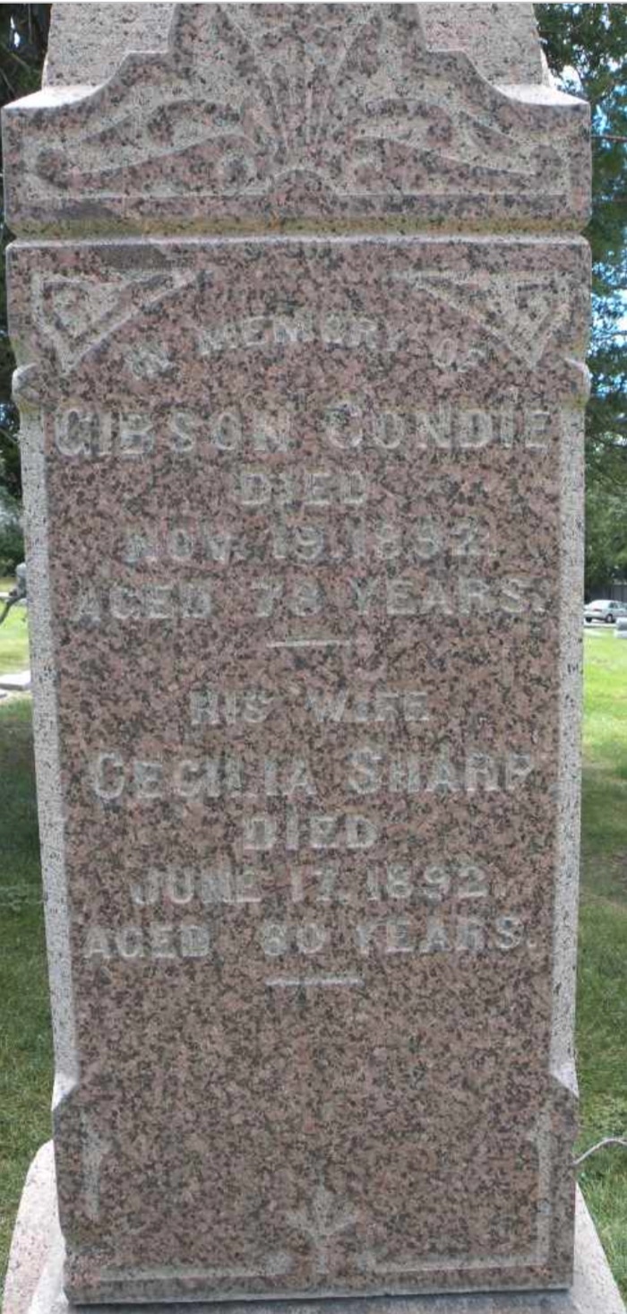 Headstone of Gibson Condie and his wife Cecilia Sharp