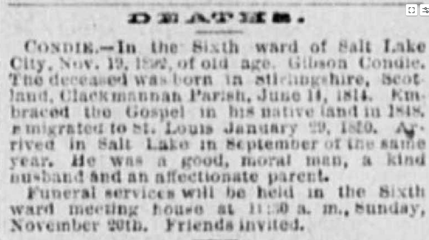 Death notice for Gibson Condie, Deseret Evening News, 19 November 1892